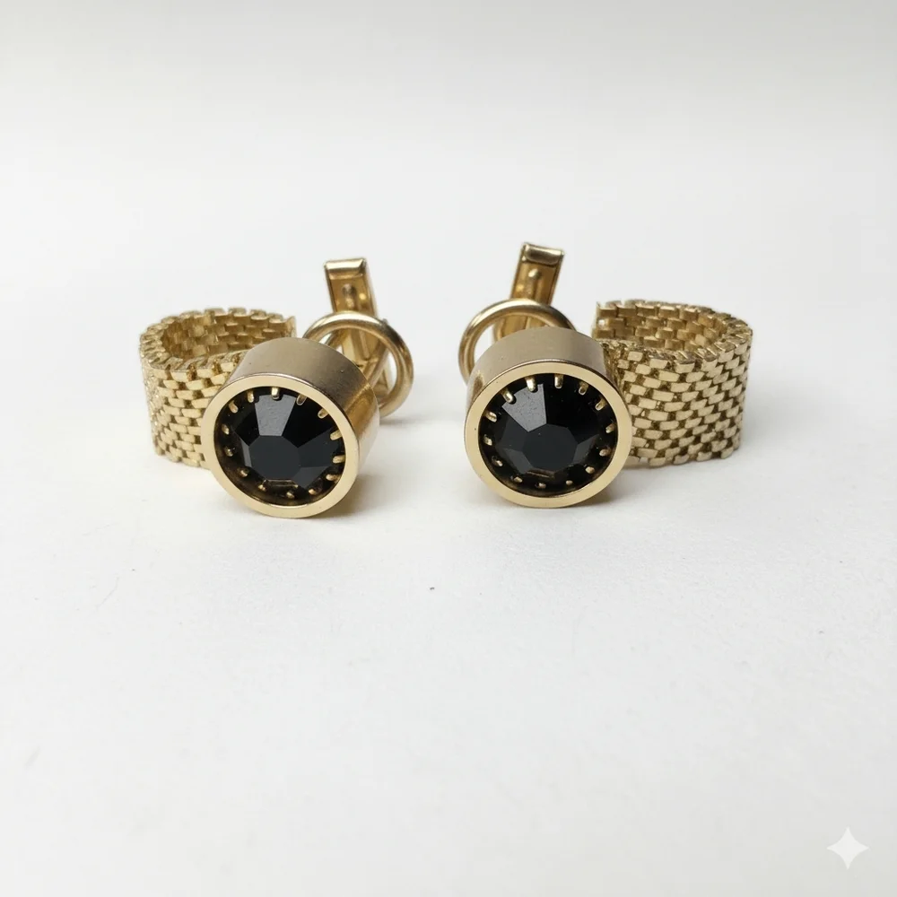 Cufflinks Black Glass Crystal Gold Tone Link Chain Clip Button Prong Set Formal